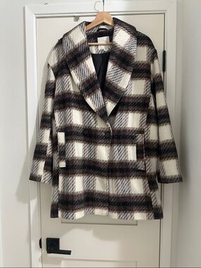 Avec Les Filles Cream Brown Pink Plaid Peacoat